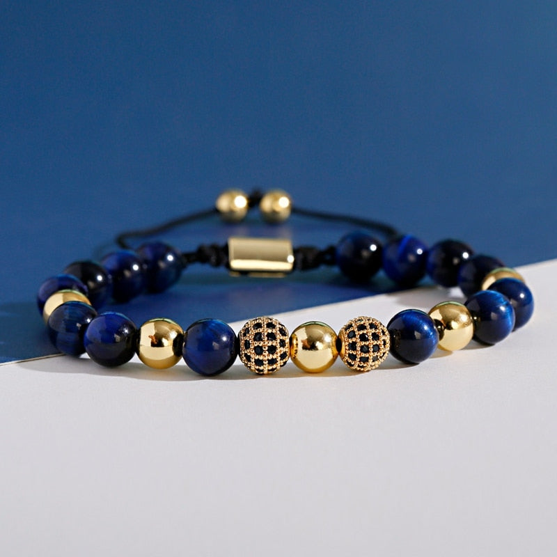 Blue Tiger Eyes Beads Weaving Bracelet Homme Men CZ Ball Beads Adjustable Bracelet Men