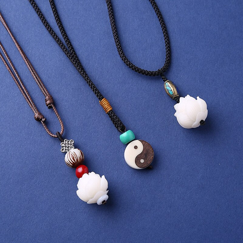 Bodhi Seed Handcrafted Lotus Flower Pendant Elegant Rope Long Necklace For Women Girl Tai Chi YIN YANG Necklace Jewelry