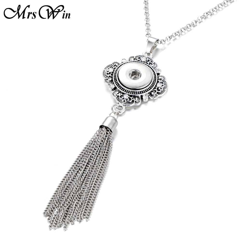 New Bohemia Ethnic Necklace Silver Long Tassel Snap Pendant Necklace with 80cm Chains 18mm Snap Buttons Jewelry