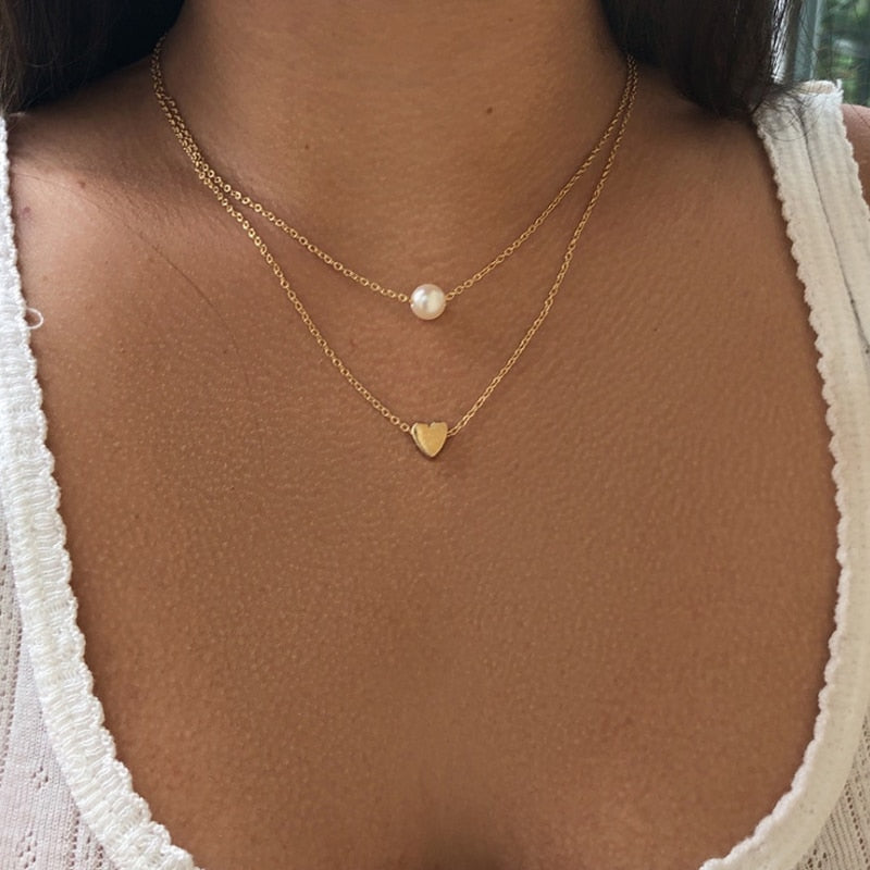 Bohemia Simple Imitation pearl love Heart Double layer Clavicle chain necklace accessories female Jewelry