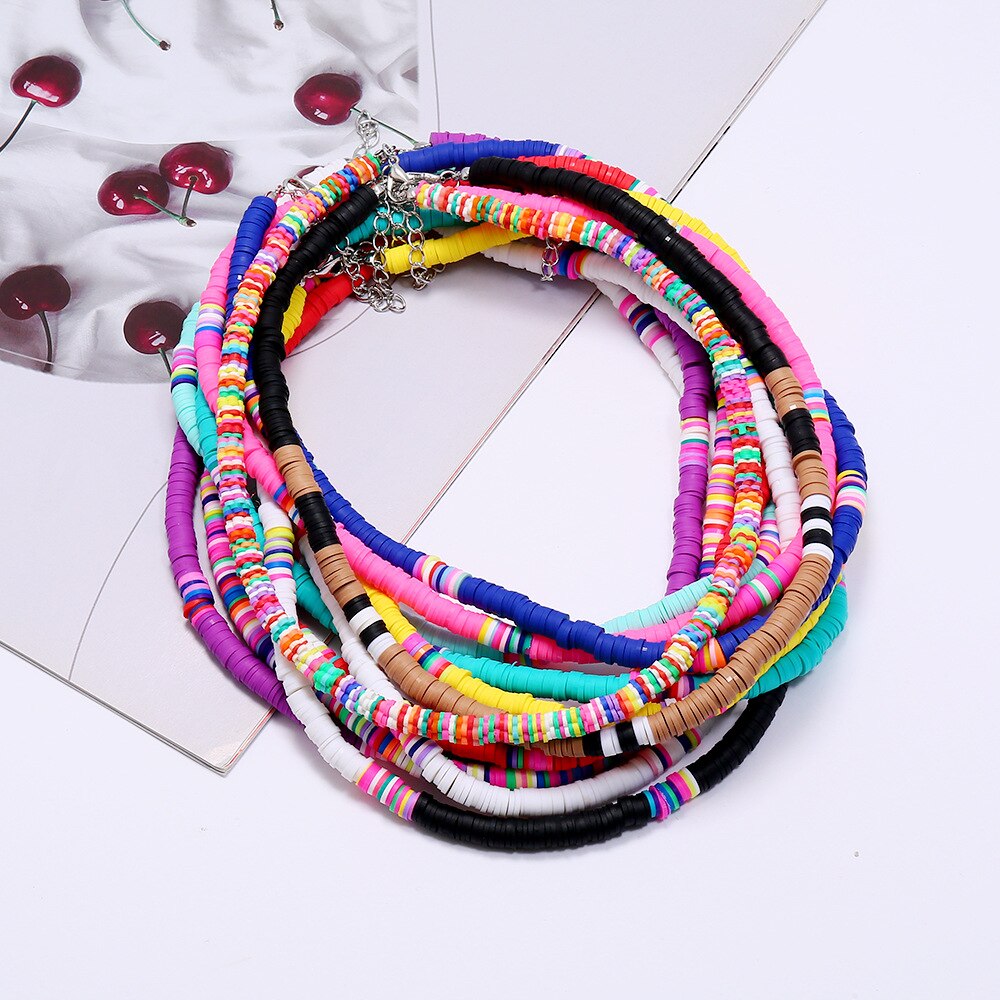 Bohemian Colorful Beads Elastic Resin Handmade Necklace Summer Beach Clavicle Chain Choker Jewelry