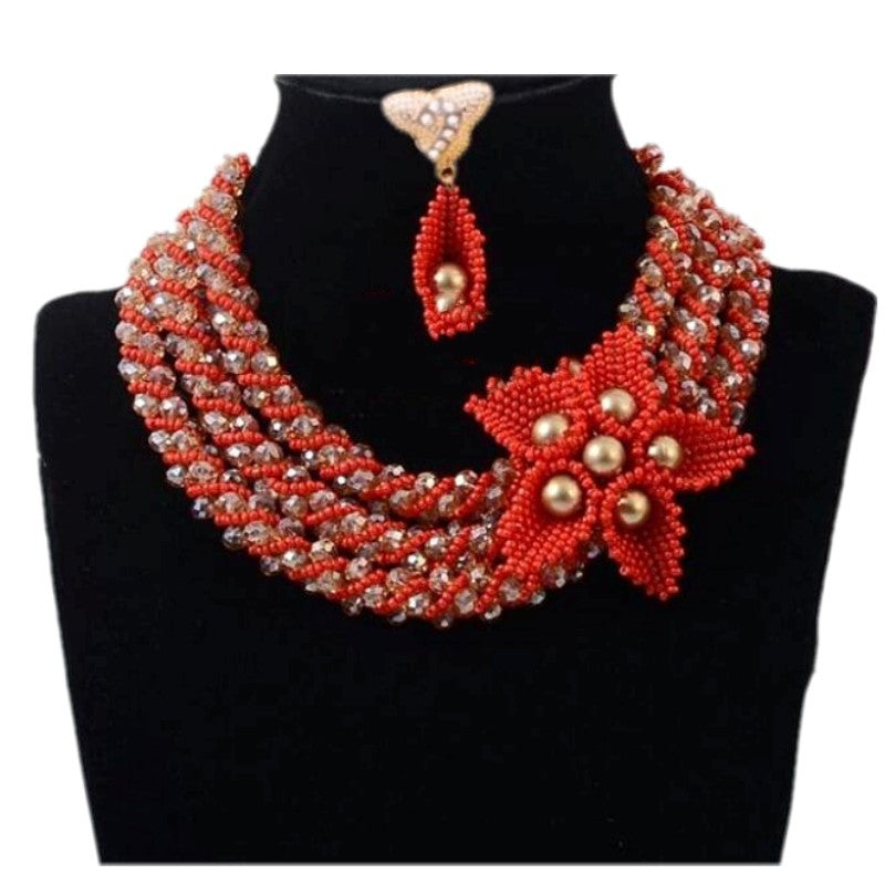 New Bridal jewelry Sets African Beads Red & Gold African Nigerian Wedding Jewellery Sets For Women 3 Layers Flower Necklace Set