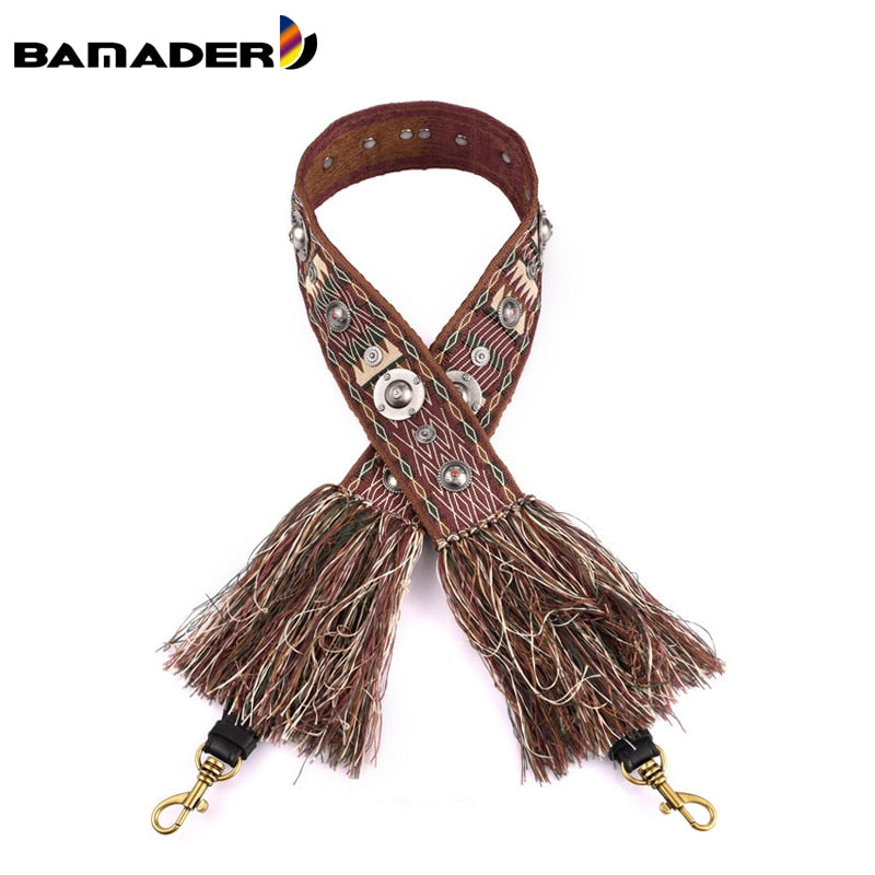 Canvas Ladies Shoulder Strap National Style Tassel Rivet Shoulder Strap Shoulder Messenger Bag Genuine Leather Accessories