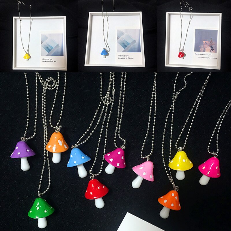 Cartoon Color Resin Mushroom Pendants Necklace For Women Simple Charm Necklaces Sweater Chain Party Jewelry Gifts