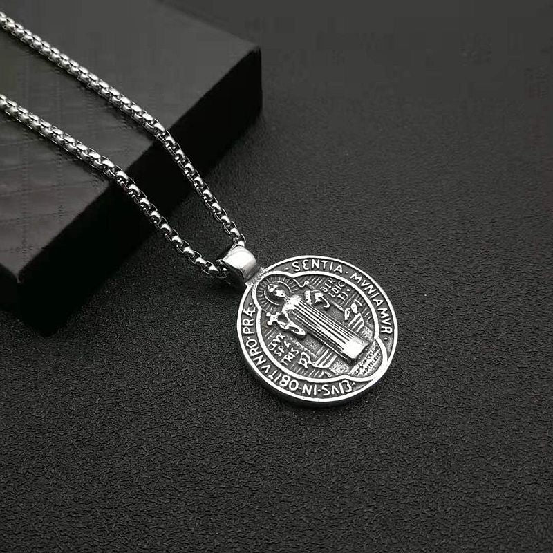Catholic Saint Benedict Medallion Pendant Necklace Gold Silver Color Stainless Steel San Benito Collares For Men Jewelry