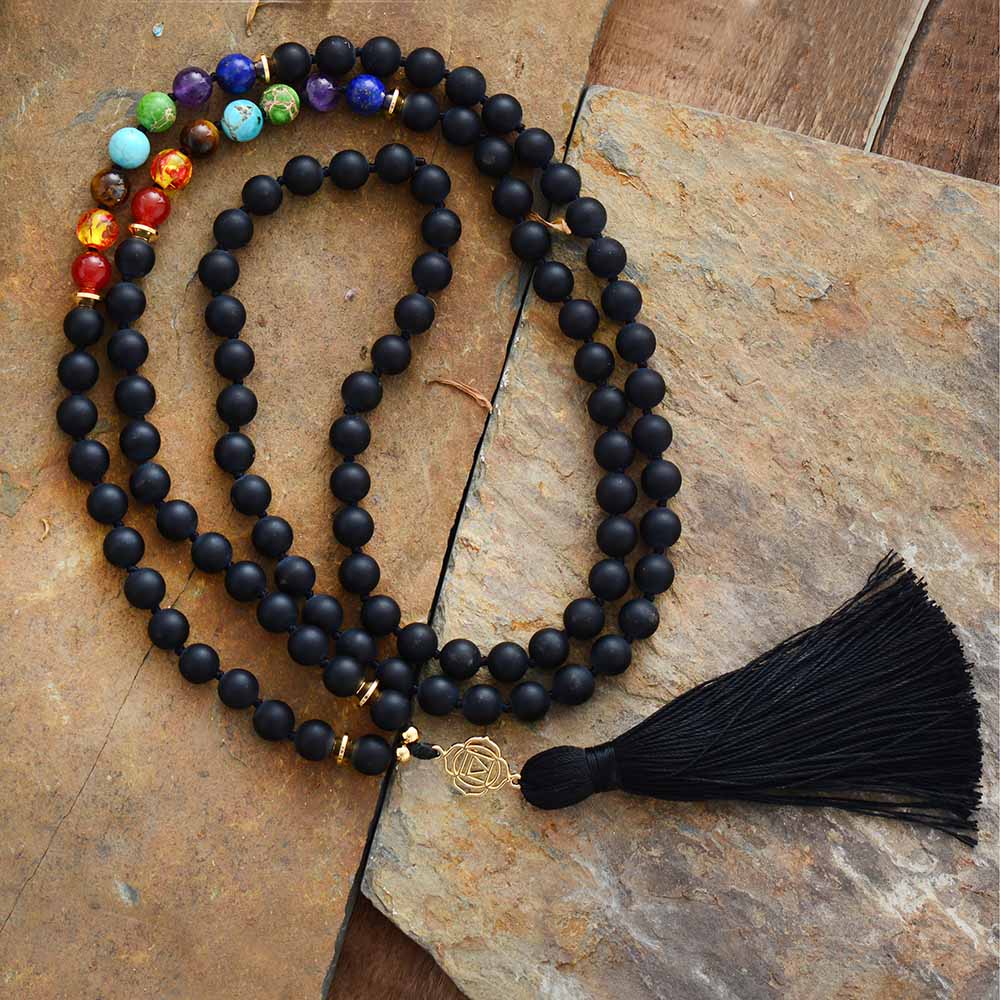Chakras 108 Beads Mala Matte Onyx 7 Color Stones Reiki Charm Tassel Necklace Bead Knotted Meditation Yoga Necklace Dropship