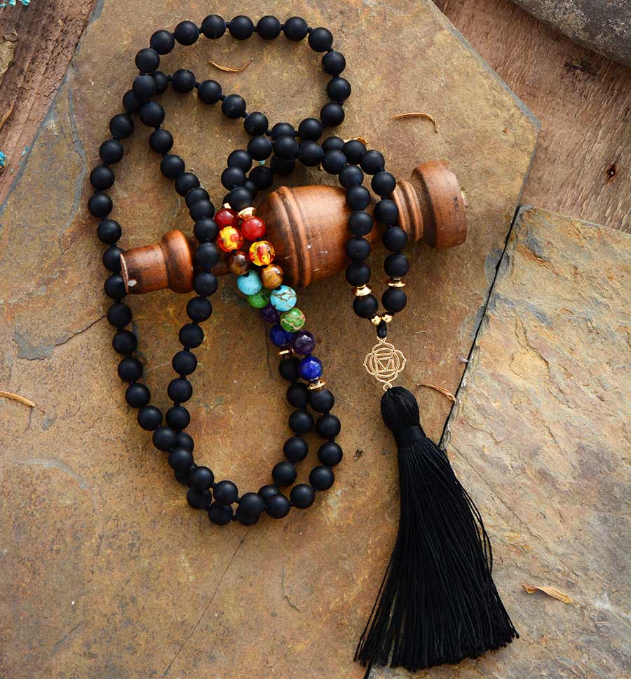 Chakras 108 Beads Mala Matte Onyx 7 Color Stones Reiki Charm Tassel Necklace Bead Knotted Meditation Yoga Necklace Dropship