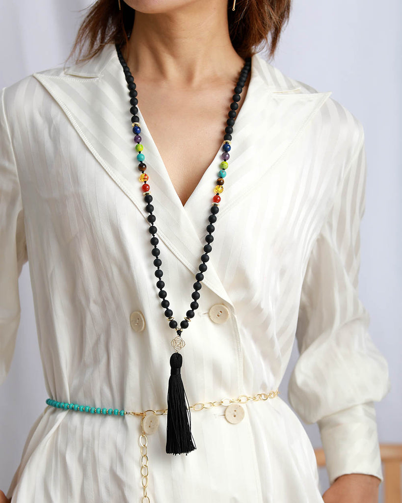 Chakras 108 Beads Mala Matte Onyx 7 Color Stones Reiki Charm Tassel Necklace Bead Knotted Meditation Yoga Necklace Dropship