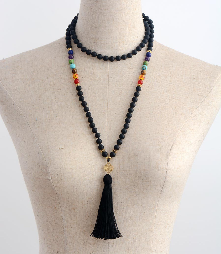 Chakras 108 Beads Mala Matte Onyx 7 Color Stones Reiki Charm Tassel Necklace Bead Knotted Meditation Yoga Necklace Dropship