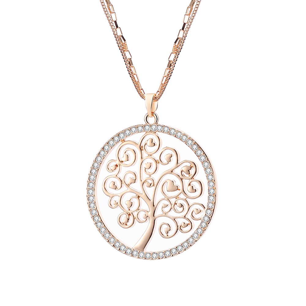 Charm Tree Of Life Necklace For Women Gold Color Double Chain Crystal Heart Pendant Long Necklace Female Jewelry Statement