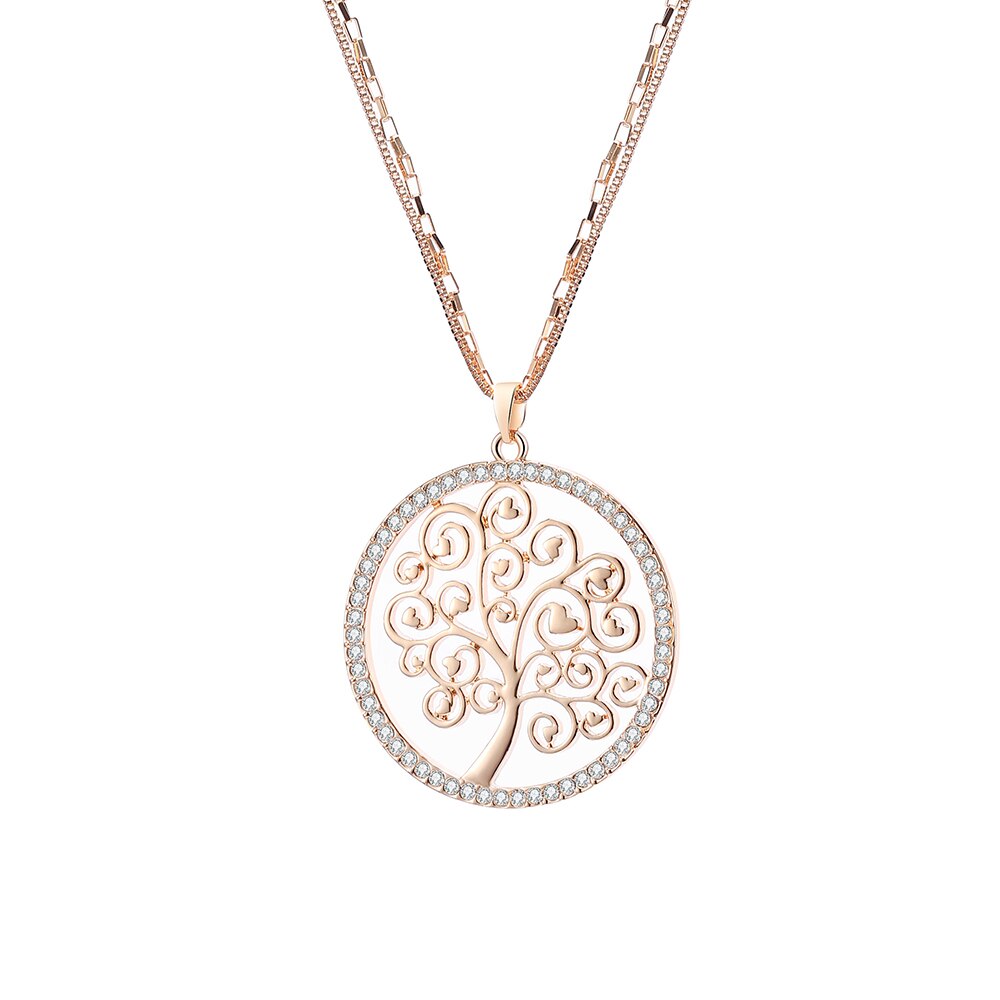 Charm Tree Of Life Necklace For Women Gold Color Double Chain Crystal Heart Pendant Long Necklace Female Jewelry Statement