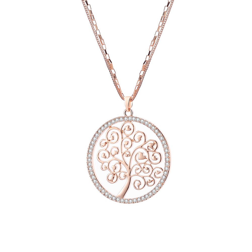 Charm Tree Of Life Necklace For Women Gold Color Double Chain Crystal Heart Pendant Long Necklace Female Jewelry Statement