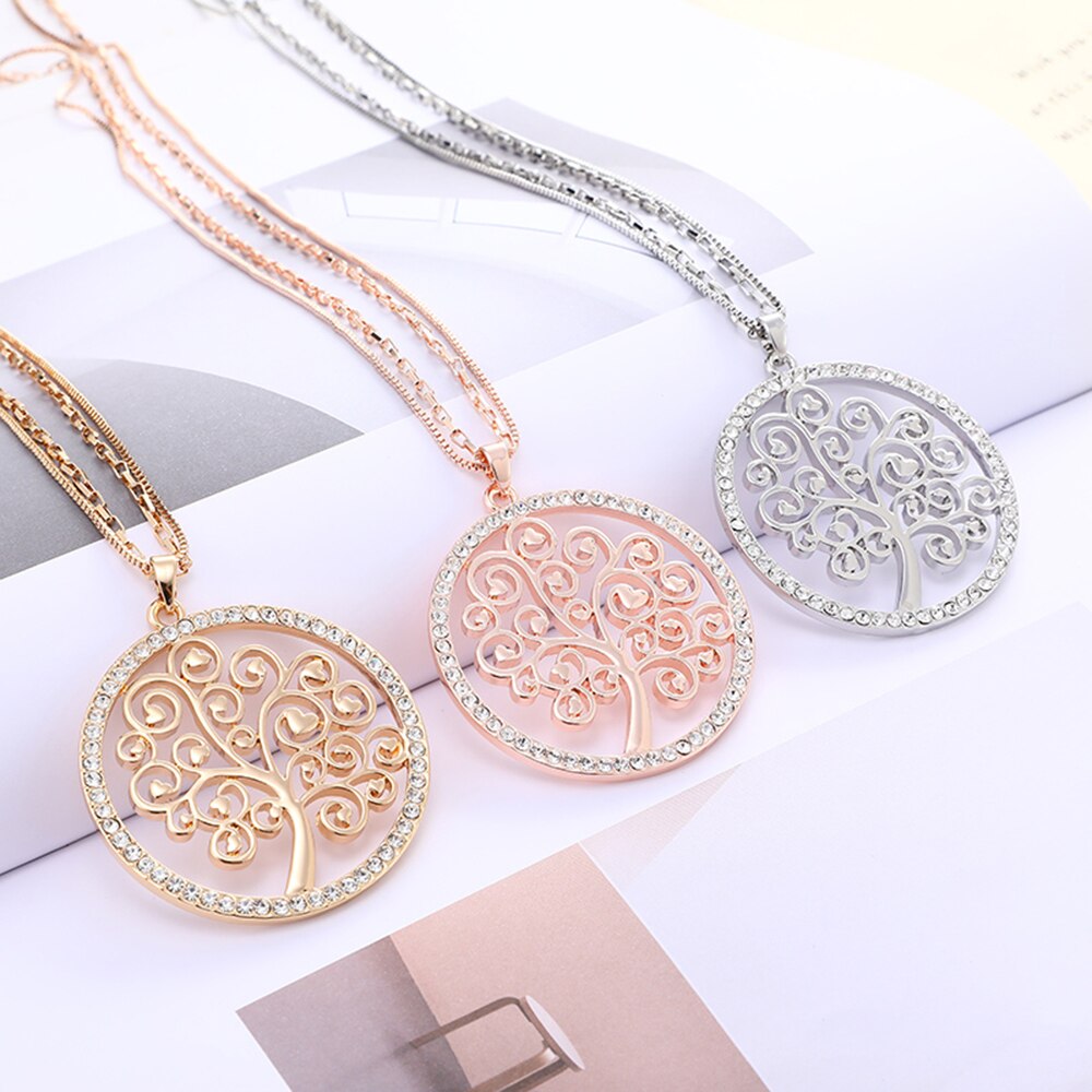 Charm Tree Of Life Necklace For Women Gold Color Double Chain Crystal Heart Pendant Long Necklace Female Jewelry Statement
