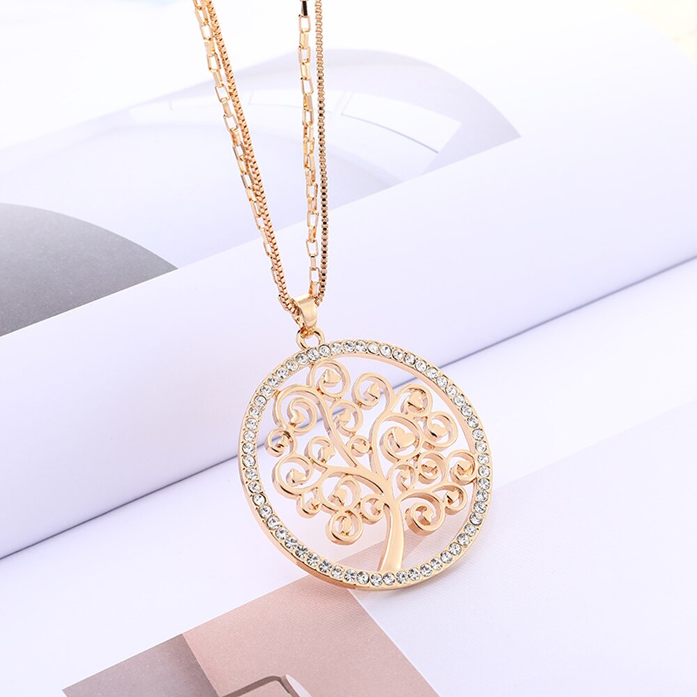 Charm Tree Of Life Necklace For Women Gold Color Double Chain Crystal Heart Pendant Long Necklace Female Jewelry Statement