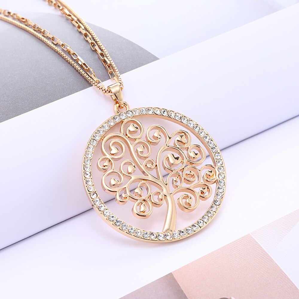 Charm Tree Of Life Necklace For Women Gold Color Double Chain Crystal Heart Pendant Long Necklace Female Jewelry Statement