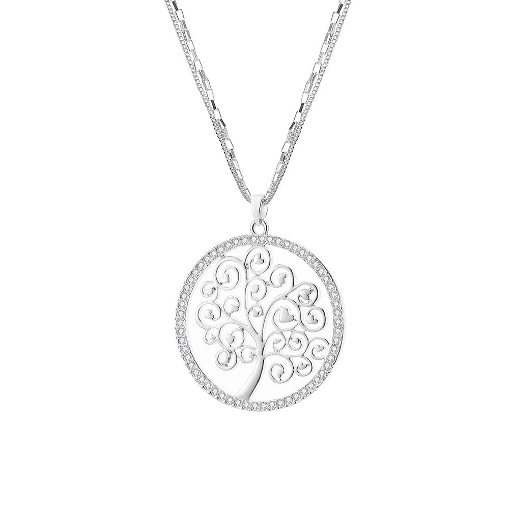 Charm Tree Of Life Necklace For Women Gold Color Double Chain Crystal Heart Pendant Long Necklace Female Jewelry Statement
