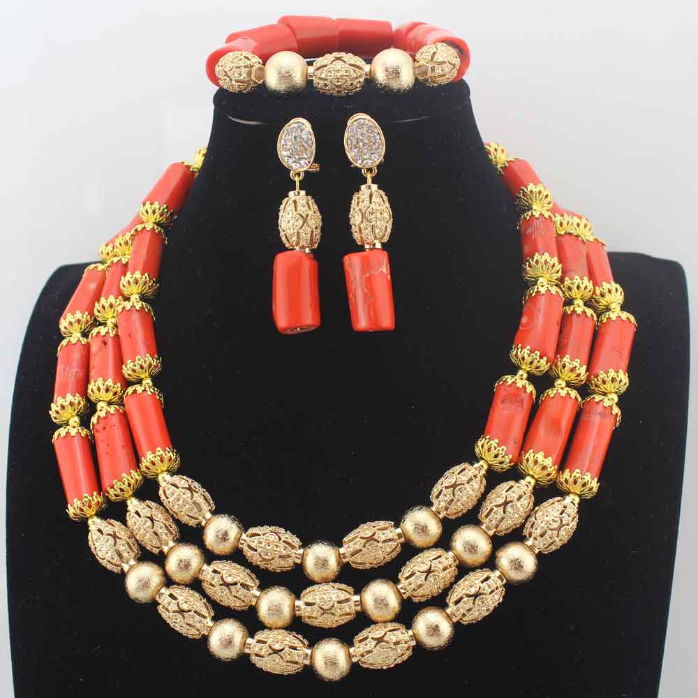 New Chunky 3Layer Red Coral Beads Costume Necklace Traditional Nigerian Wedding African Coral Beads Jewelry Set HD8876