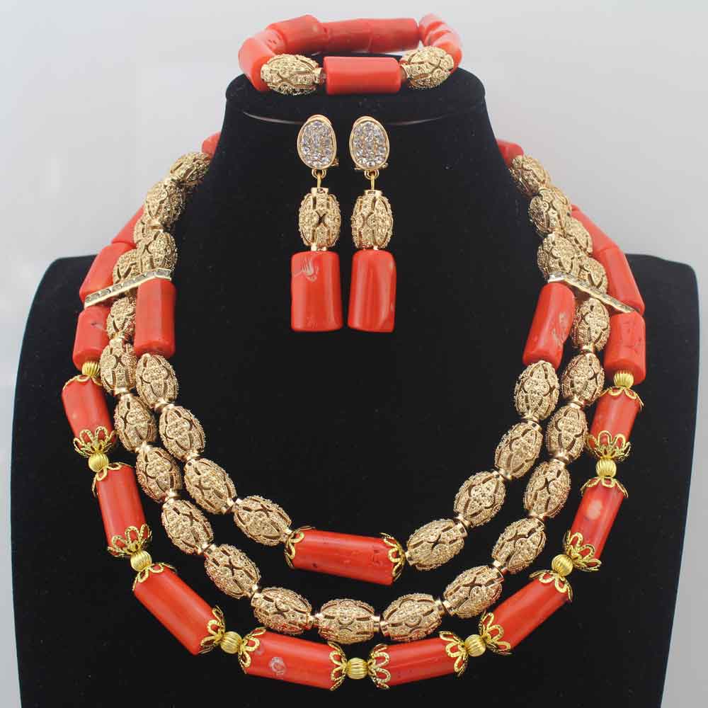 New Chunky 3Layer Red Coral Beads Costume Necklace Traditional Nigerian Wedding African Coral Beads Jewelry Set HD8876