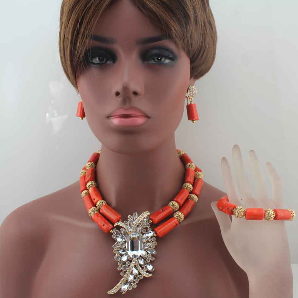 New Chunky 3Layer Red Coral Beads Costume Necklace Traditional Nigerian Wedding African Coral Beads Jewelry Set HD8876
