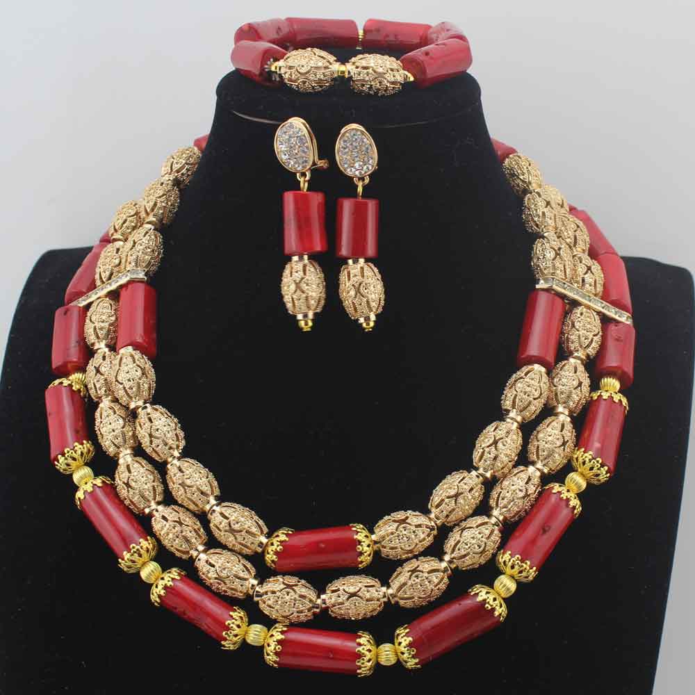 New Chunky 3Layer Red Coral Beads Costume Necklace Traditional Nigerian Wedding African Coral Beads Jewelry Set HD8876