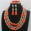 New Chunky 3Layer Red Coral Beads Costume Necklace Traditional Nigerian Wedding African Coral Beads Jewelry Set HD8876