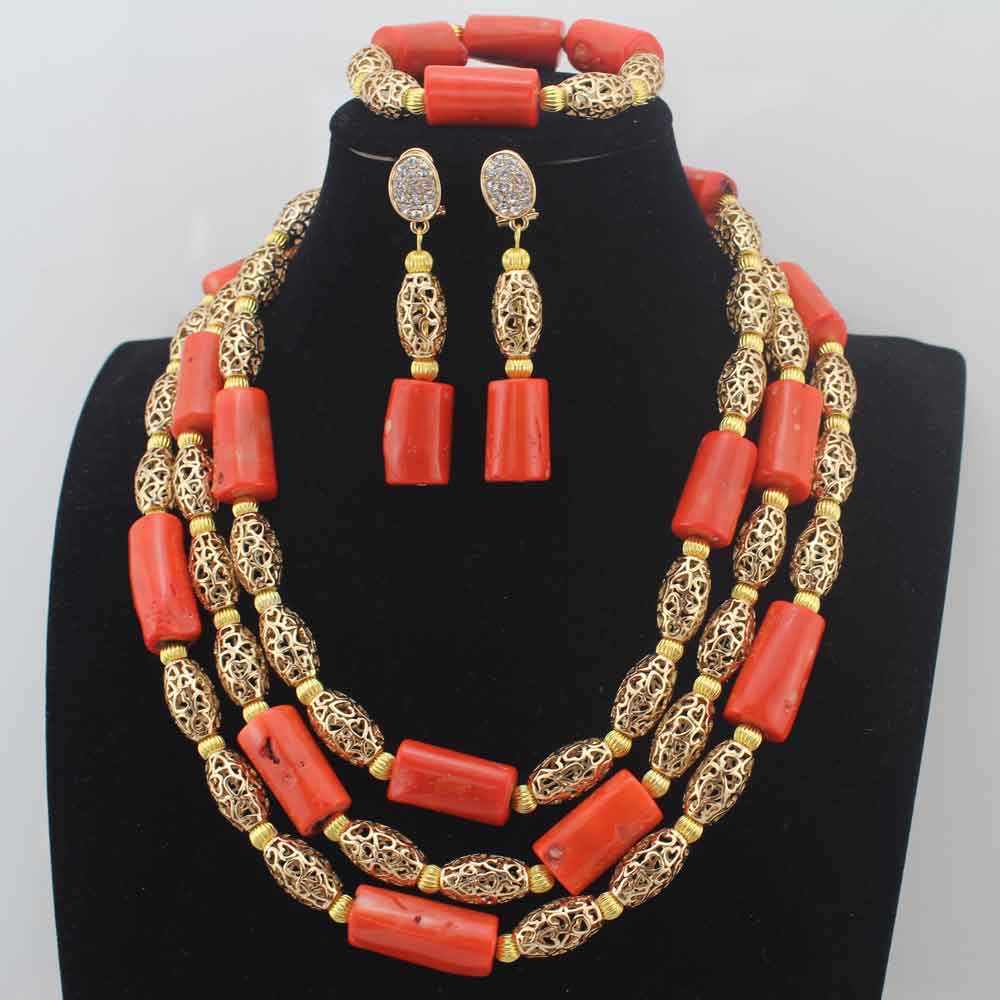 New Chunky 3Layer Red Coral Beads Costume Necklace Traditional Nigerian Wedding African Coral Beads Jewelry Set HD8876