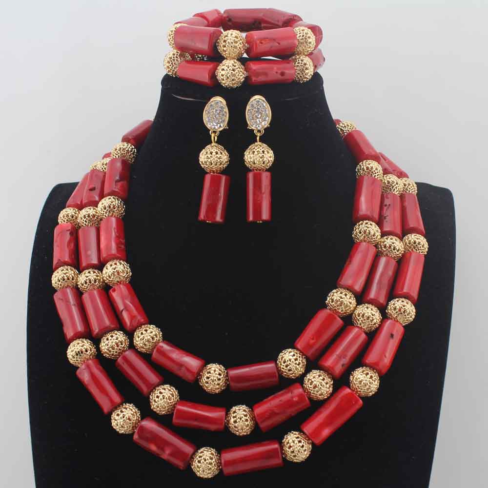 New Chunky 3Layer Red Coral Beads Costume Necklace Traditional Nigerian Wedding African Coral Beads Jewelry Set HD8876