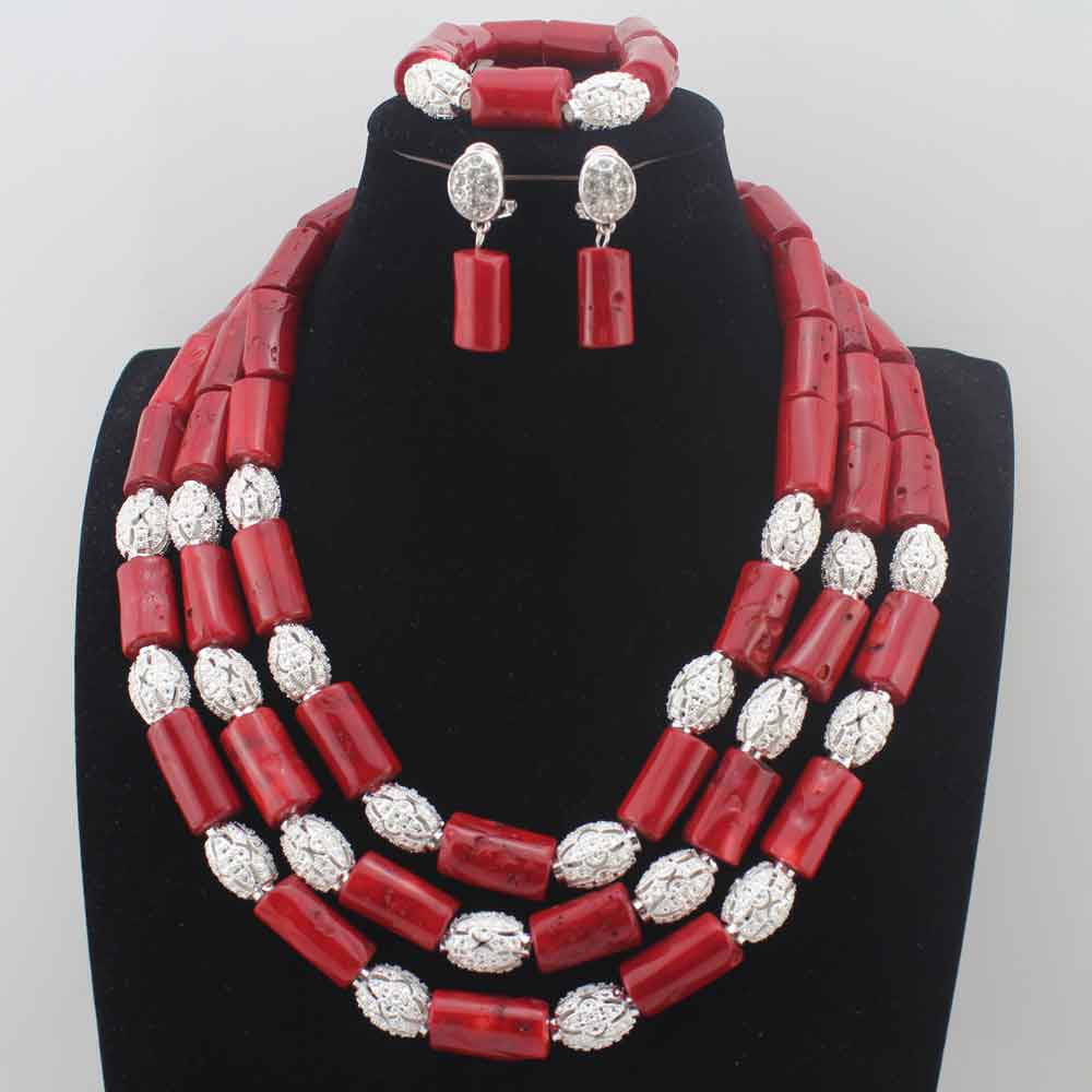 New Chunky 3Layer Red Coral Beads Costume Necklace Traditional Nigerian Wedding African Coral Beads Jewelry Set HD8876