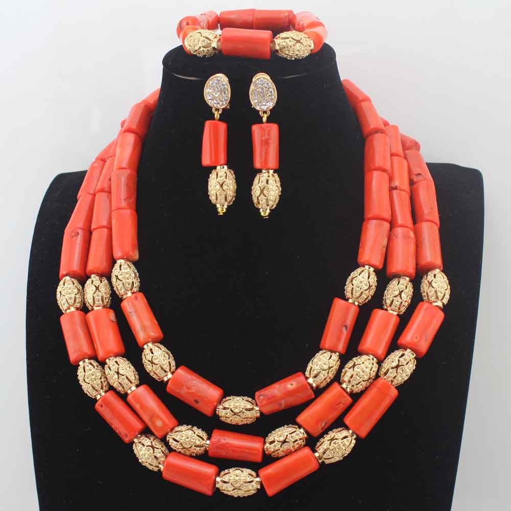 New Chunky 3Layer Red Coral Beads Costume Necklace Traditional Nigerian Wedding African Coral Beads Jewelry Set HD8876