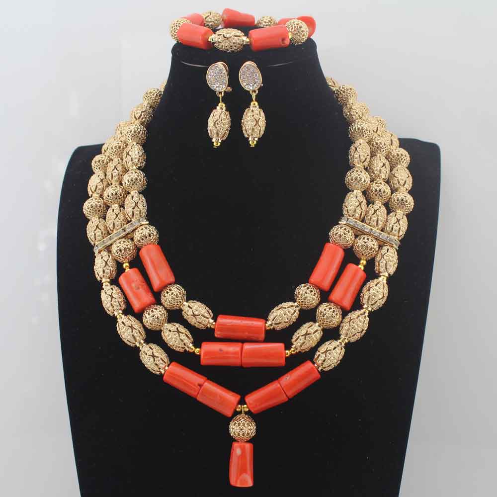 New Chunky 3Layer Red Coral Beads Costume Necklace Traditional Nigerian Wedding African Coral Beads Jewelry Set HD8876