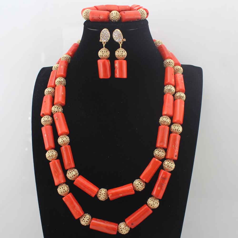 New Chunky 3Layer Red Coral Beads Costume Necklace Traditional Nigerian Wedding African Coral Beads Jewelry Set HD8876
