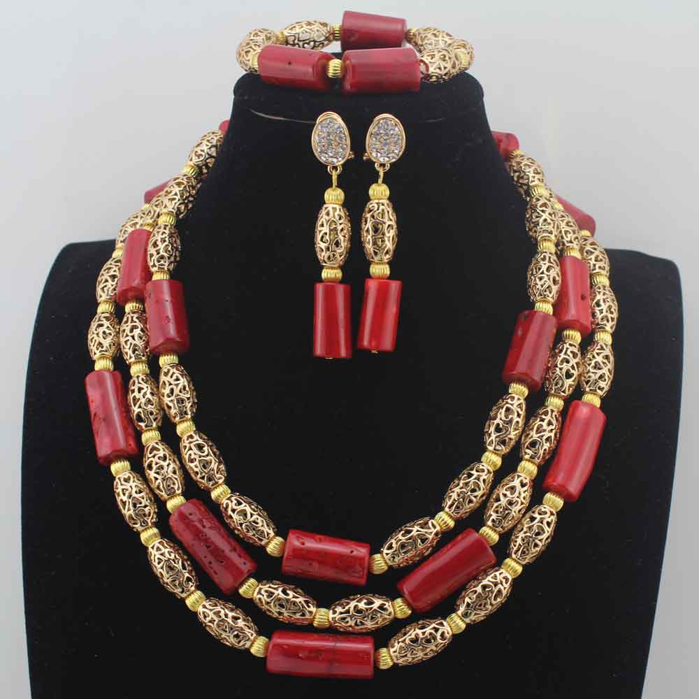 New Chunky 3Layer Red Coral Beads Costume Necklace Traditional Nigerian Wedding African Coral Beads Jewelry Set HD8876