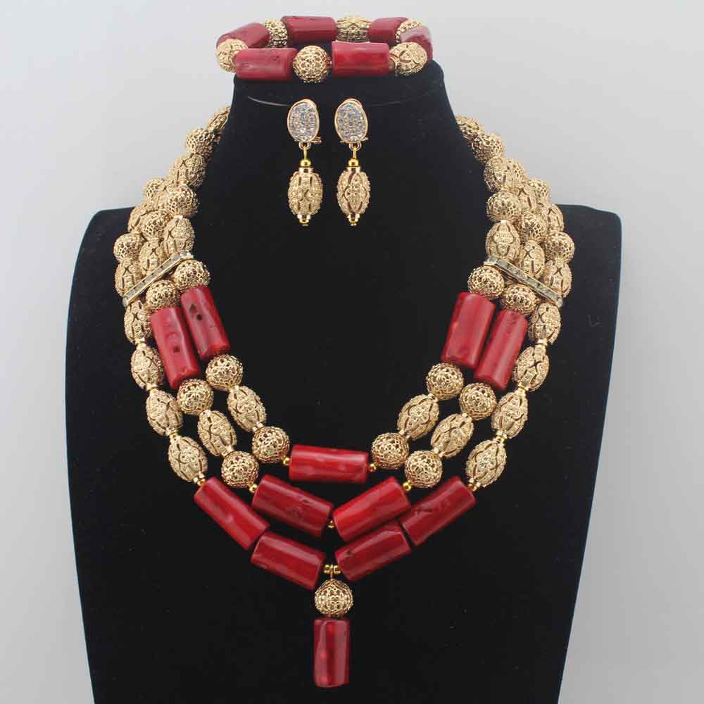 New Chunky 3Layer Red Coral Beads Costume Necklace Traditional Nigerian Wedding African Coral Beads Jewelry Set HD8876