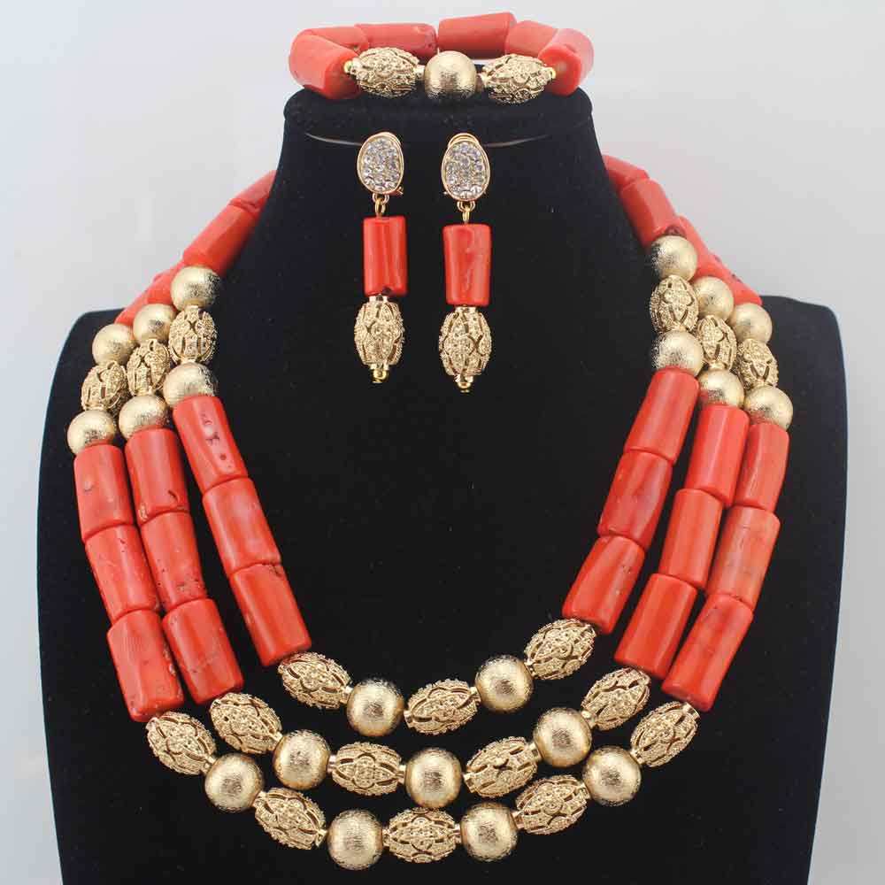 New Chunky 3Layer Red Coral Beads Costume Necklace Traditional Nigerian Wedding African Coral Beads Jewelry Set HD8876