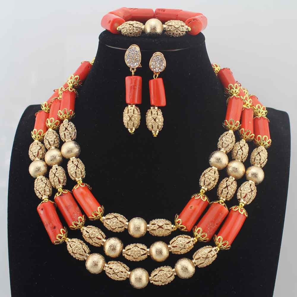 New Chunky 3Layer Red Coral Beads Costume Necklace Traditional Nigerian Wedding African Coral Beads Jewelry Set HD8876