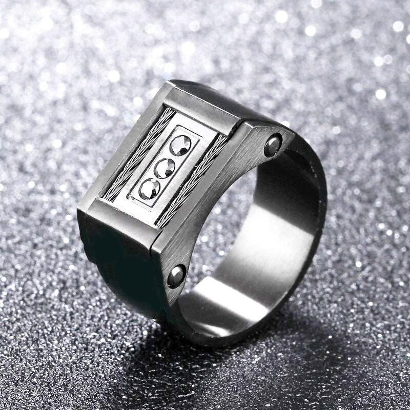 Classic Bohemian Black Crystal Inlaid Ring Men's Geometric Ring Metal Ring Accessories Party Jewelry