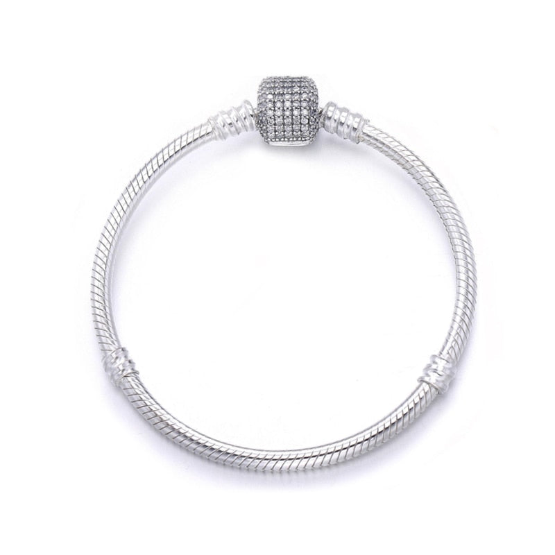 New Clear CZ Clasp Snake Chain Bracelet 100% 925 Sterling Silver Fit pan Women Bead Charm DIY Jewelry