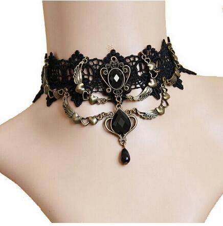 Collares Sexy Gothic Chokers Crystal Black Lace Neck Angel Wings Heart Vintage Victorian Women Chocker Steampunk Jewelry