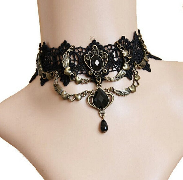 Collares Sexy Gothic Chokers Crystal Black Lace Neck Angel Wings Heart Vintage Victorian Women Chocker Steampunk Jewelry