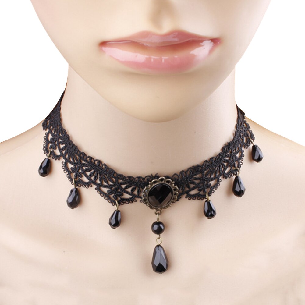 Collares Sexy Gothic Chokers Crystal Black Lace Neck Choker Necklace Vintage Victorian Women Chocker Steampunk Jewelry