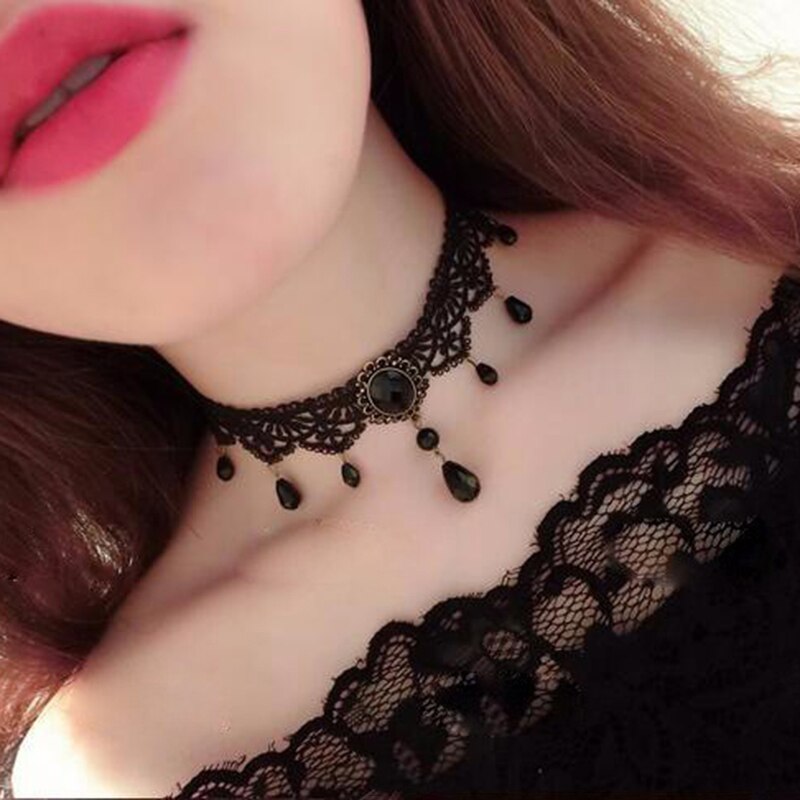 Collares Sexy Gothic Chokers Crystal Black Lace Neck Choker Necklace Vintage Victorian Women Chocker Steampunk Jewelry