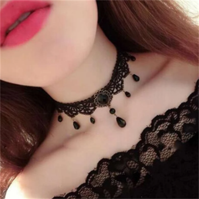 Collares Sexy Gothic Chokers Crystal Black Lace Neck Choker Necklace Vintage Victorian Women Steampunk Jewelry