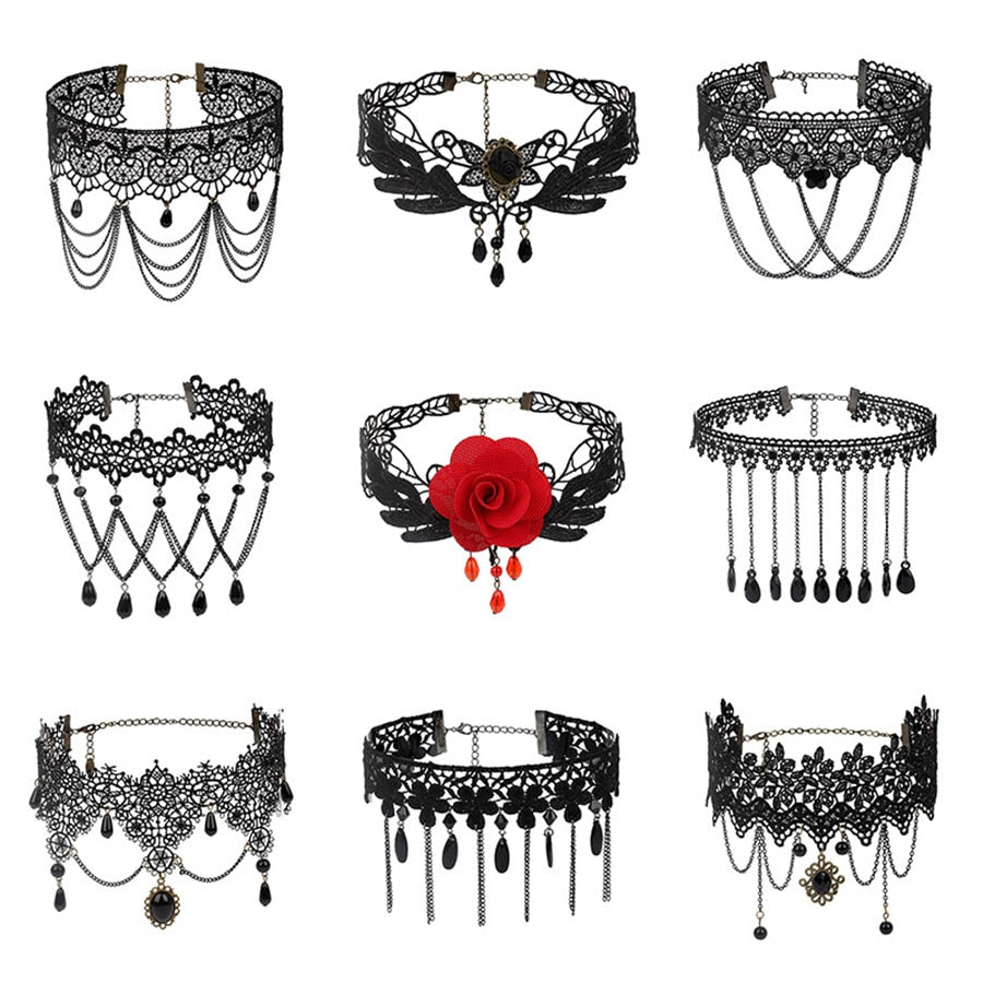 Collares Sexy Punk Chokers Crystal Black Lace Neck Choker Necklace Retro Women's  Halloween Jewelry Collar Necklace Parts