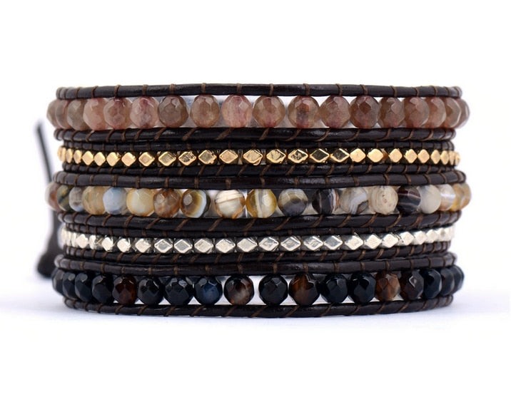 New Co 5 Strands Mixed Stones Gold Silver Color Beads Leather Wrap Bracelets Vintage Personalized Lover's Bracelet
