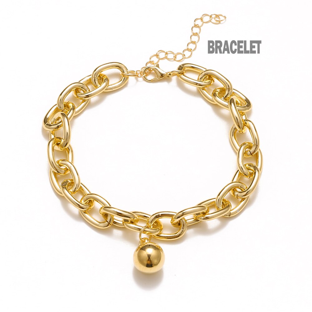 Cool Punk Hip Hop Charm Gold Silver Color Round Ball Pendant Necklaces Bracelet For Women Girl Jewlery