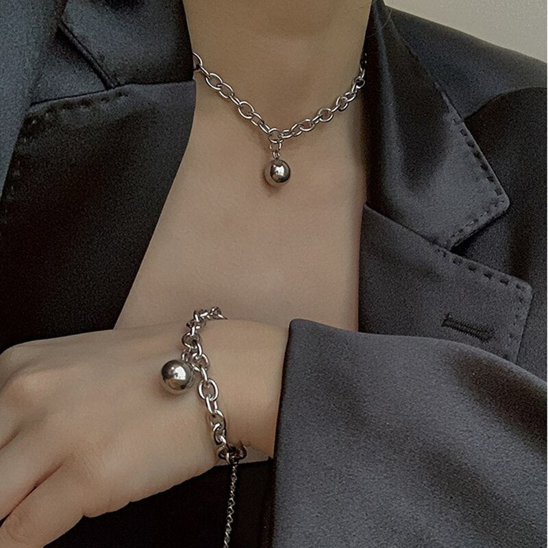 Cool Punk Hip Hop Charm Gold Silver Color Round Ball Pendant Necklaces Bracelet For Women Girl Jewlery