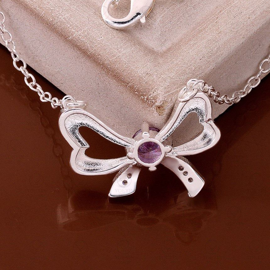 New Creative Bow Blue Zircon Diamond Link Chain Necklaces for Women Sterling 925 Silver Fine Jewelry European and America Style