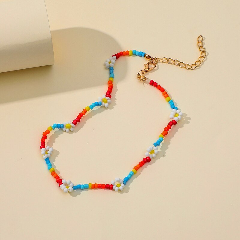 Creative Ethnic Style Necklace Handmade Colorful Rice Beads Woven Small Flower Bohemian Clavicle Necklace