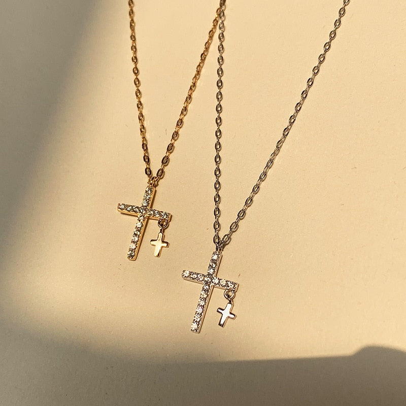 Creativity Light  Zircon Cross Pendant Necklace For Women Gold Silver Color Clavicle Chain Jewelry