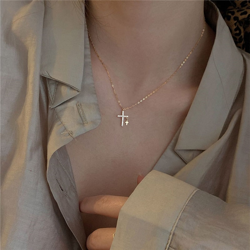 Creativity Light  Zircon Cross Pendant Necklace For Women Gold Silver Color Clavicle Chain Jewelry
